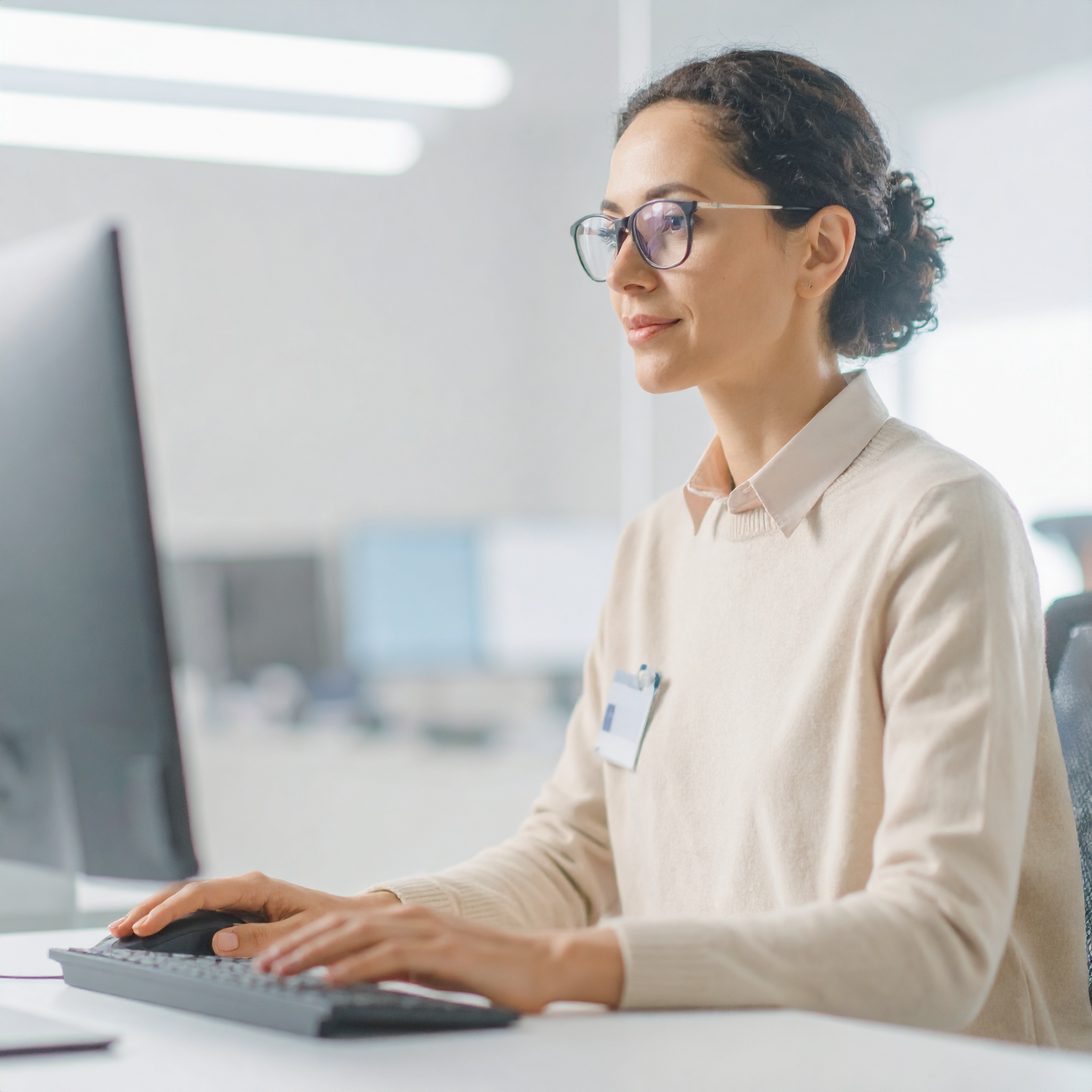 Eine Frau mit Brille arbeitet konzentriert an einem Computerbildschirm
