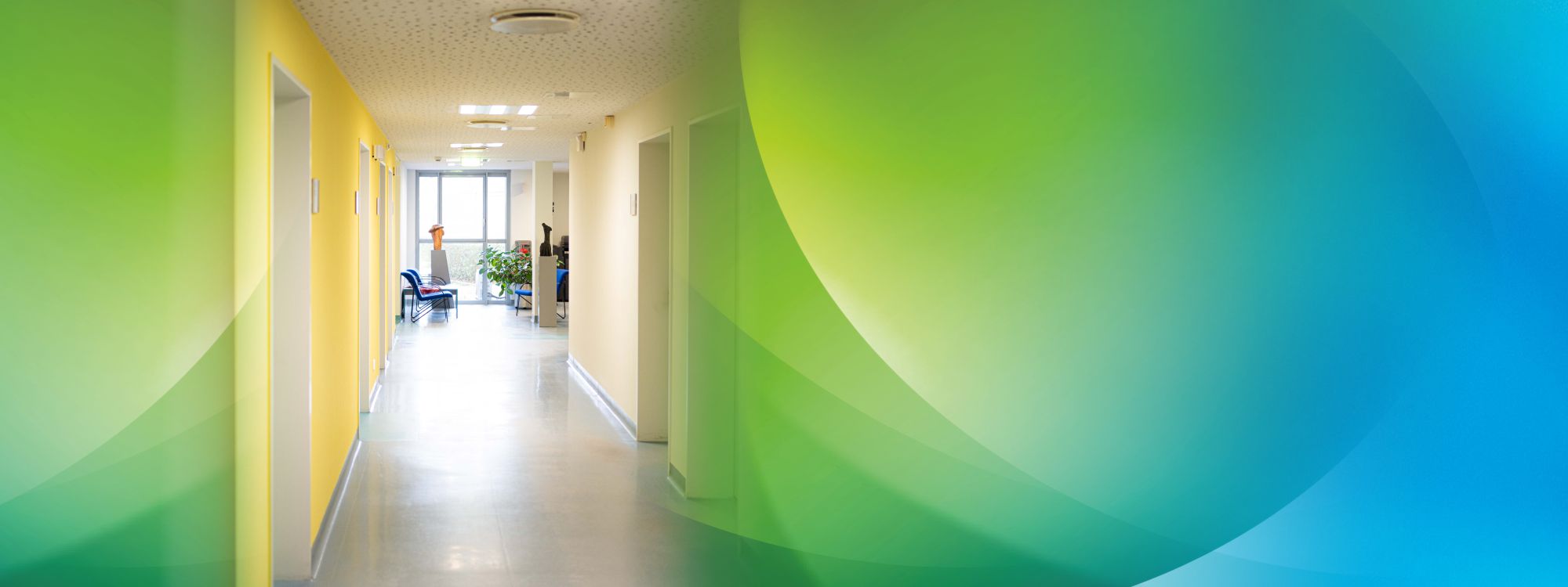 Rückenansicht einer Pflegekraft in blauer Kleidung, die Hand in Hand mit einer älteren Patientin mit Gehstock einen sonnigen Weg im Freien entlanggeht. Der rechte Bildbereich geht in eine blaue Farbfläche über.